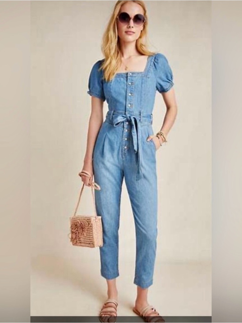 NWT Pilcro by Anthropologie Chambray Denim Jumpsuit with Puff Sleeves